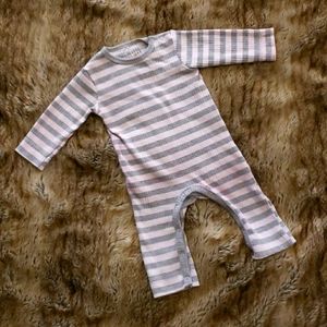 Pink and Gray Striped Romper with Button Shoulder